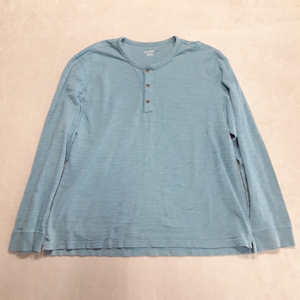 Untuckit Mens Long Sleeve Slub Cotton Henley Shirt 2XL Reg. Blue Yannik 41197